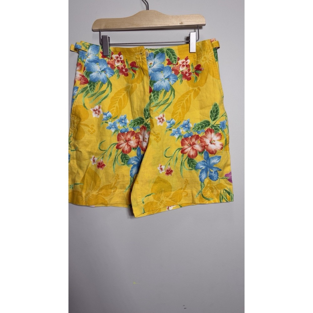 VTG LAUREN RALPH LAUREN Womens Sz 4 Yellow Hawaiian Floral 100% Linen Shorts EXC